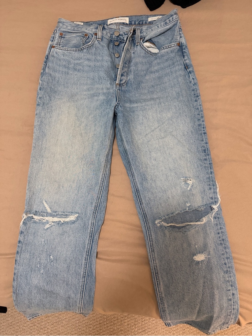 Denim Forum Joni High Rise Loose 29L Light Blue Distressed Straight-Leg Jeans
